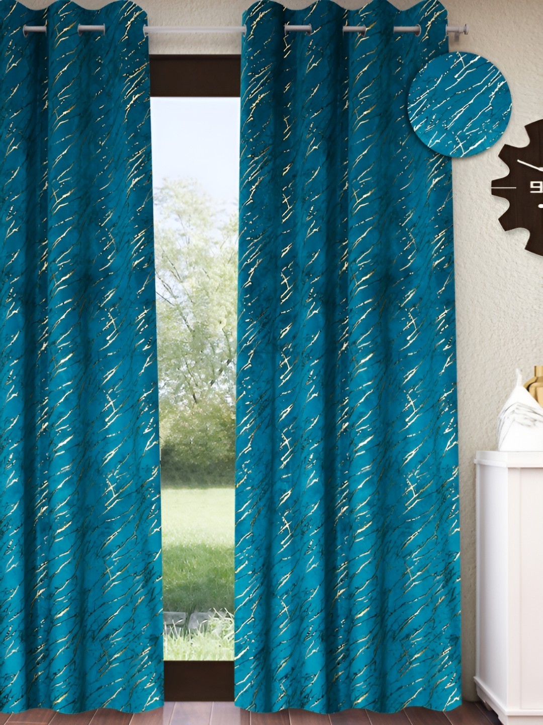 

Home Sizzler Sea Green & Gold-Toned Room Darkening Door Curtain