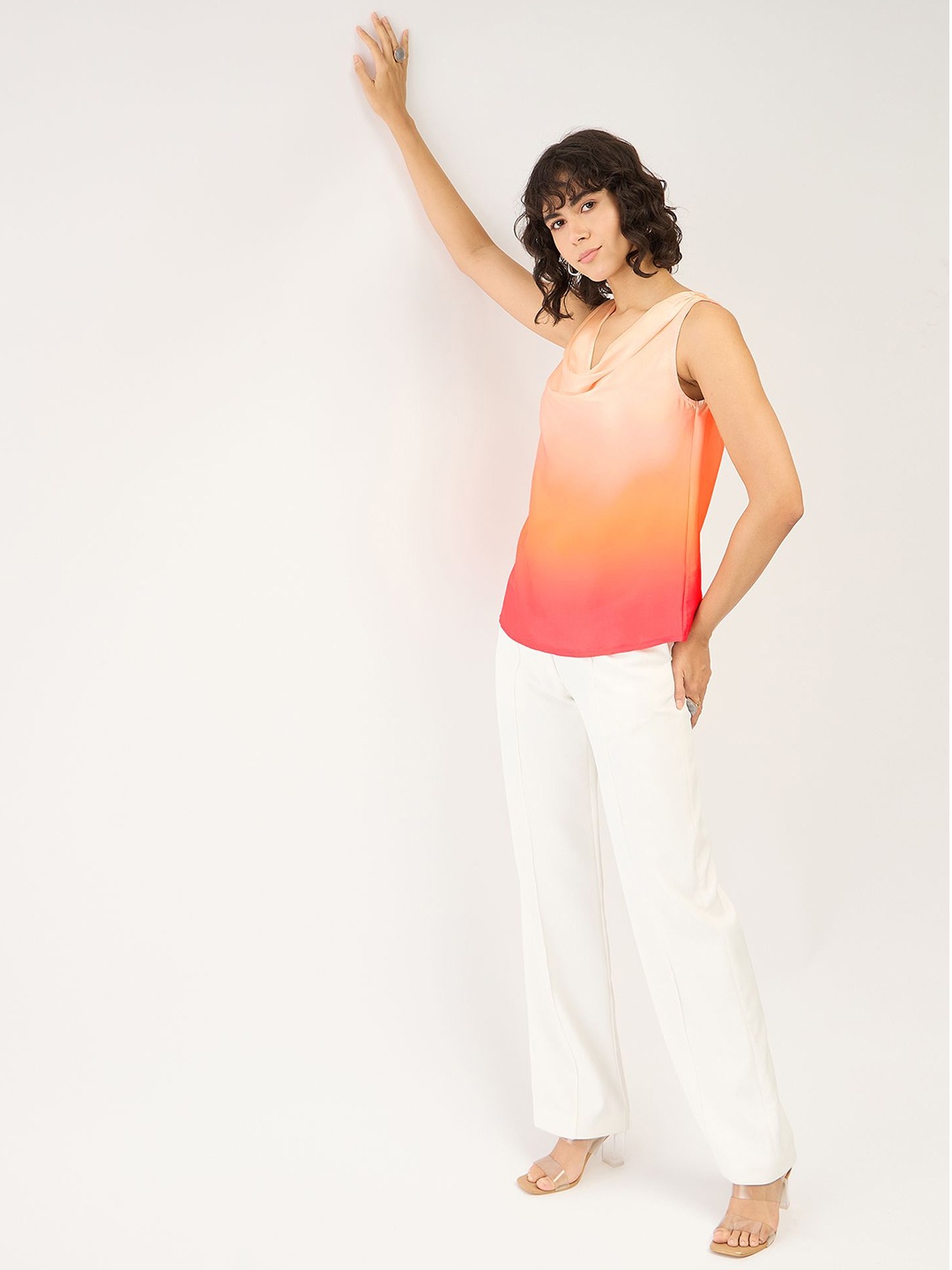 

SALT ATTIRE Ombre Printed Cowl Neck Sleeveless Satin Casual Top, Peach