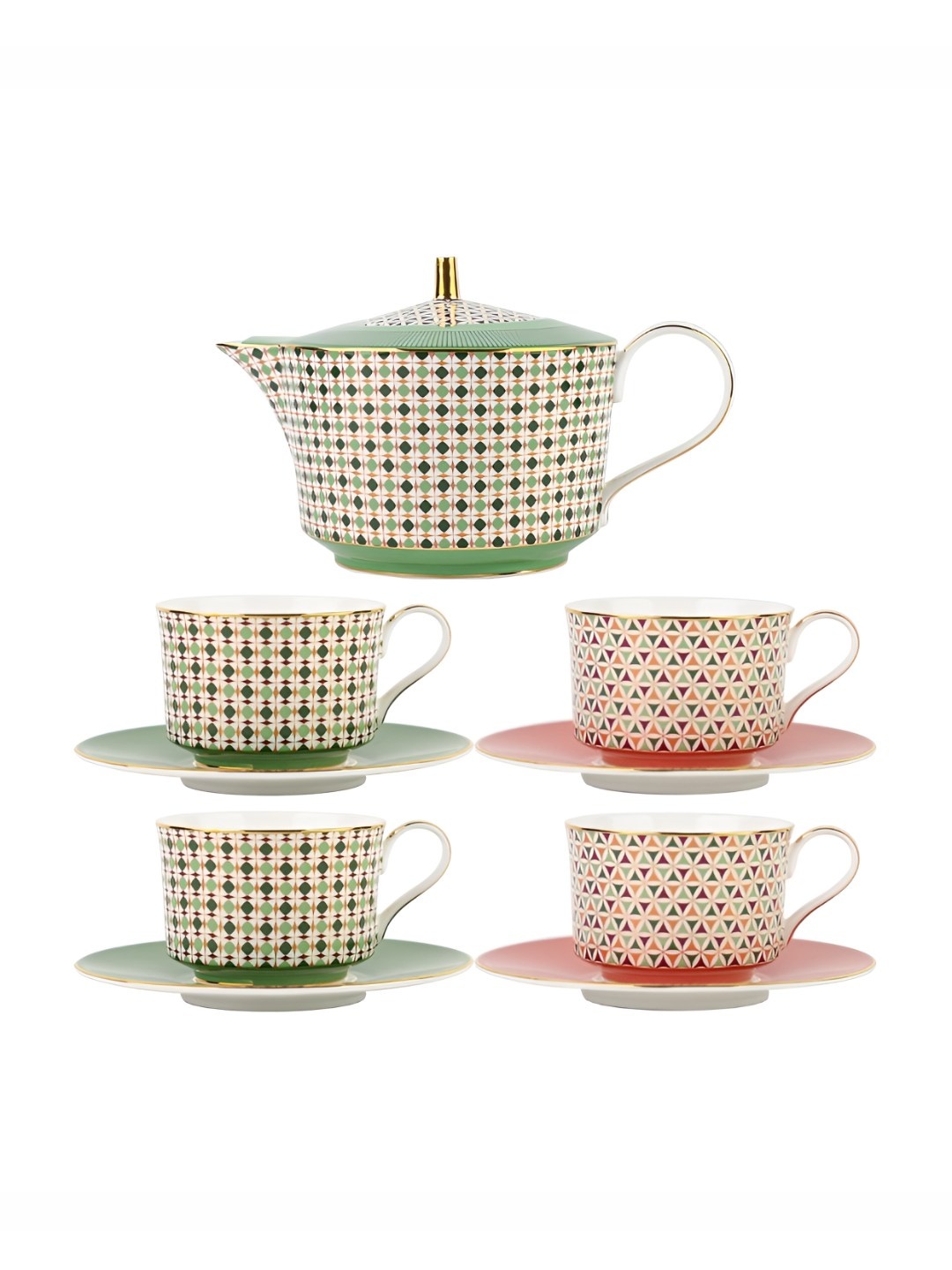 

Izzhaar 9-Pcs Printed Cups and Saucers With Teapot, Green