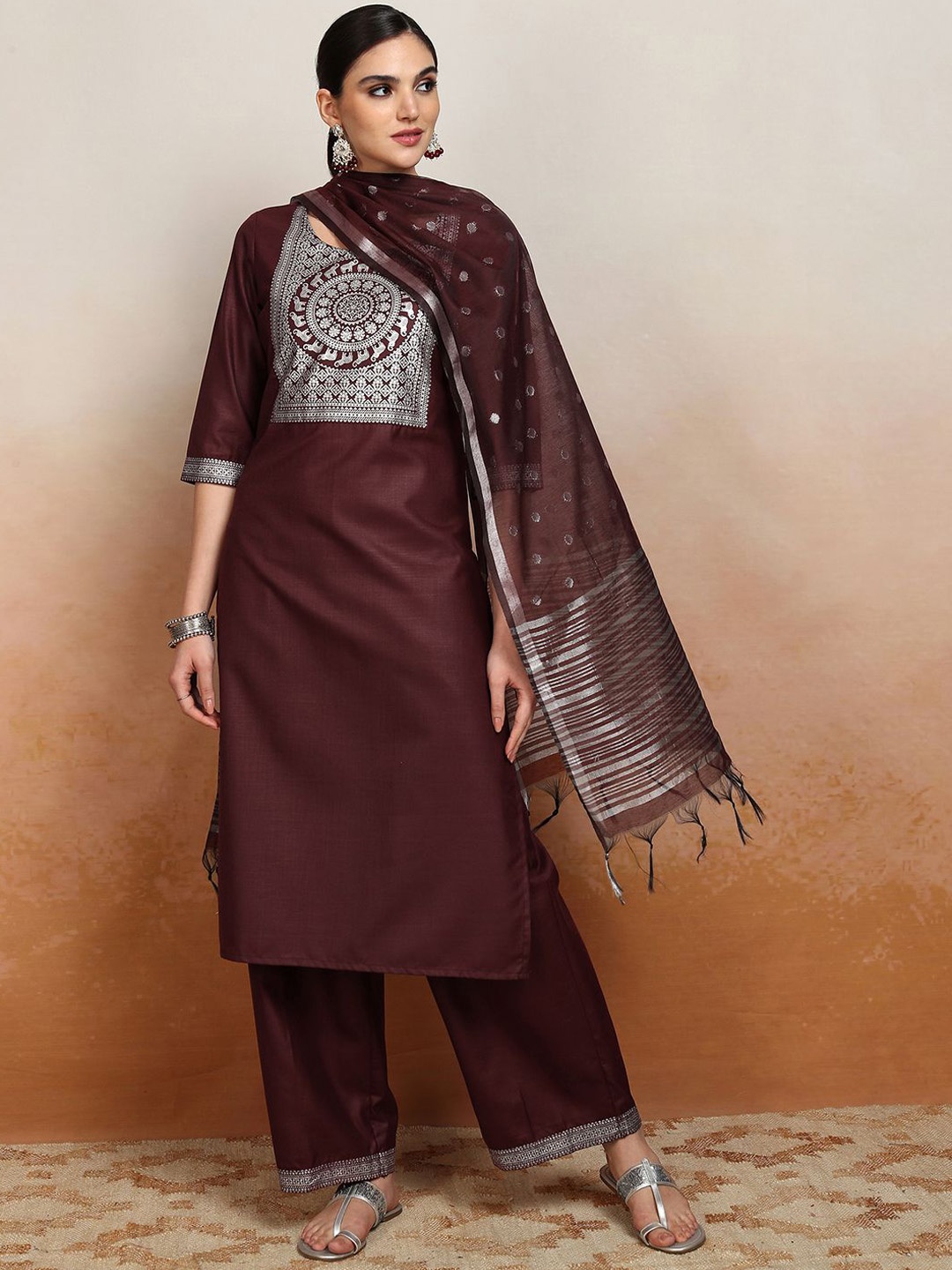 

Vishudh Ethnic Motifs Embroidered Straight Kurta & Palazzos With Dupatta, Burgundy