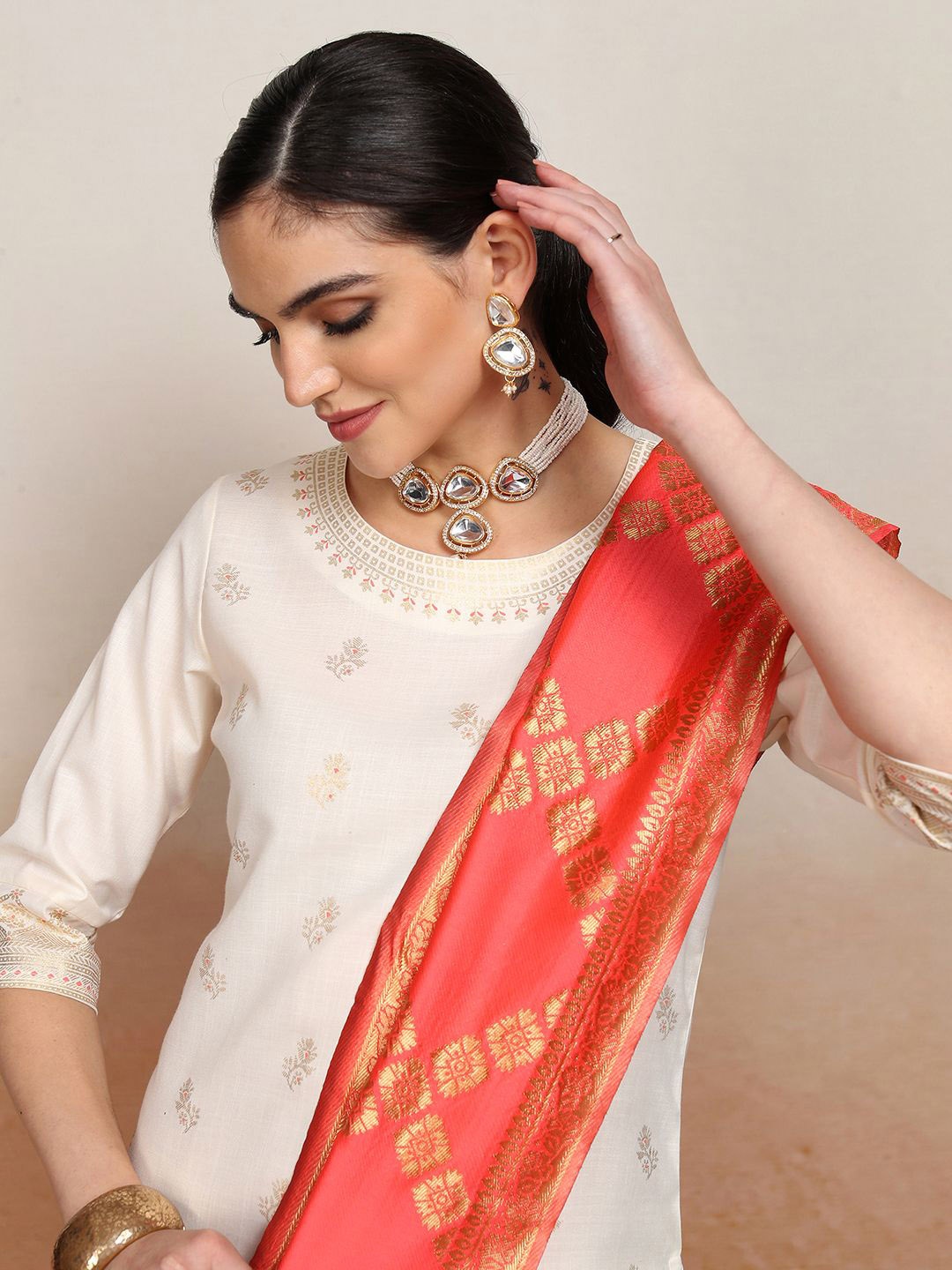 

Vishudh Cream Coloured Woven Design Zari Straight Kurta With Palazzos & Dupatta