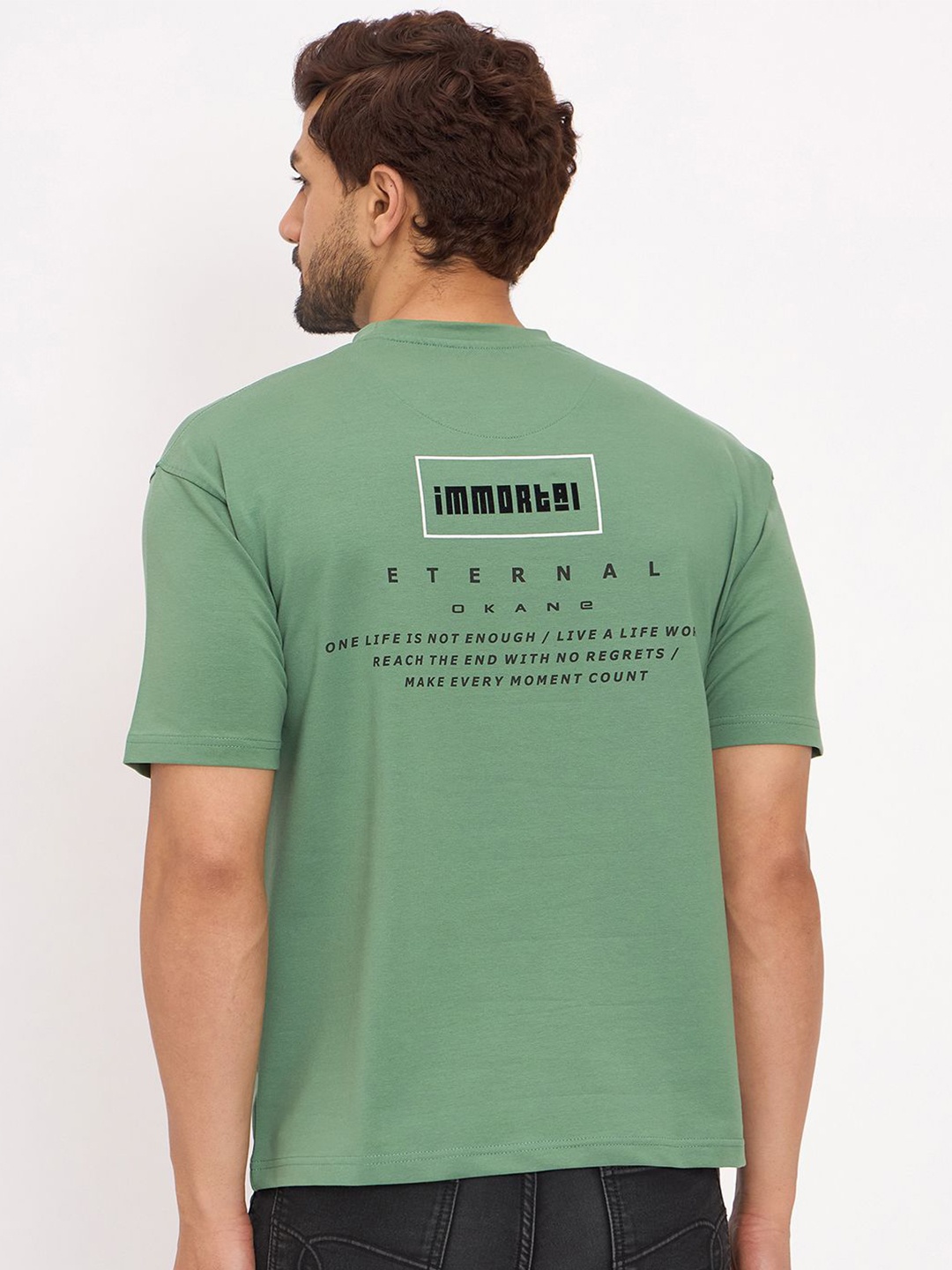 

Okane Round Neck Short Sleeves Typographic Printed Oversized Cotton T-shirt, Olive