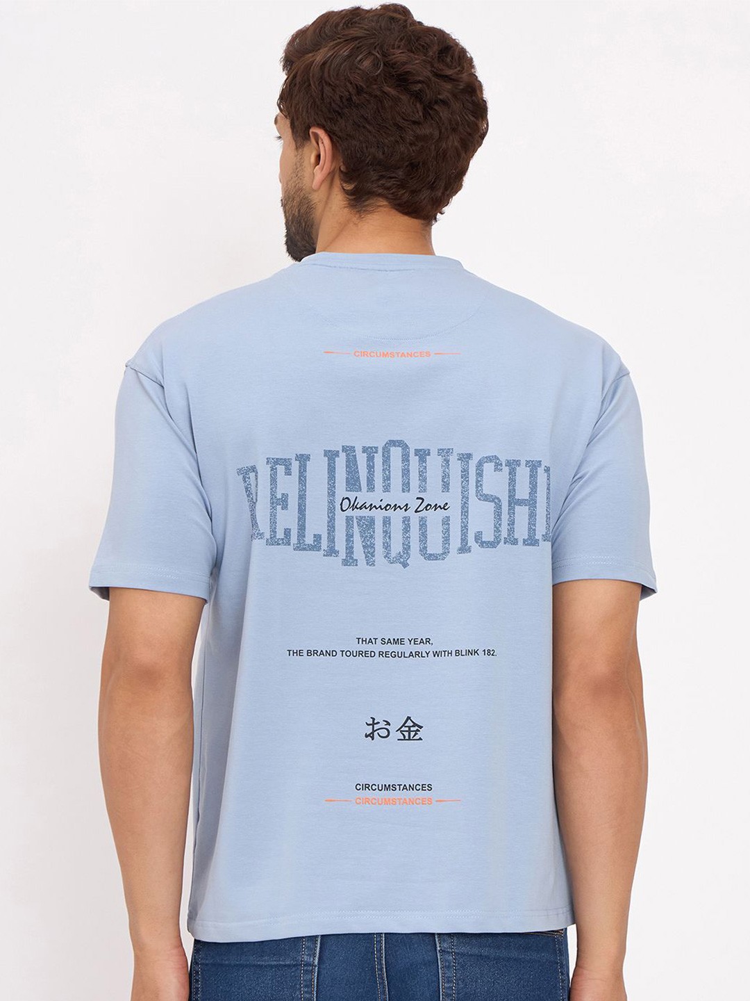 

Okane Round Neck Short Sleeves Typographic Printed Oversized Cotton T-shirt, Blue