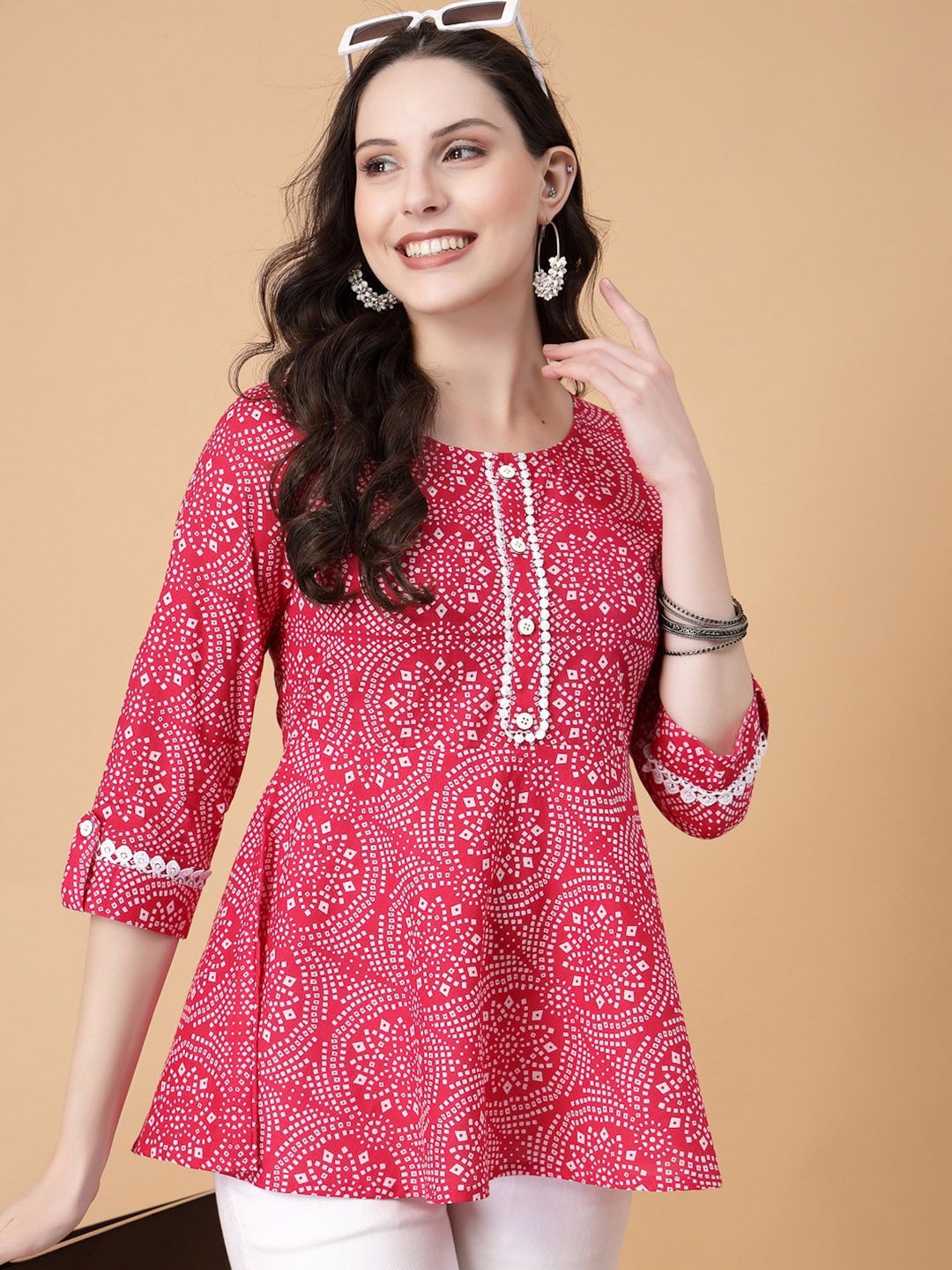

God Bless Bandhani Printed Cotton Top, Pink