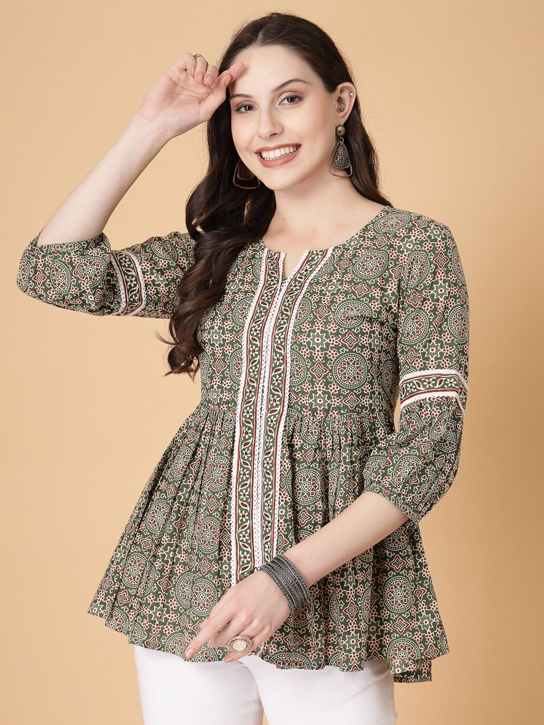 

God Bless Printed Cotton Empire Top, Green