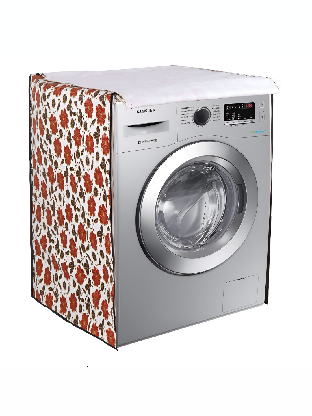 

GROKI White & Brown Printed Waterproof Washing Machine Cover, Red