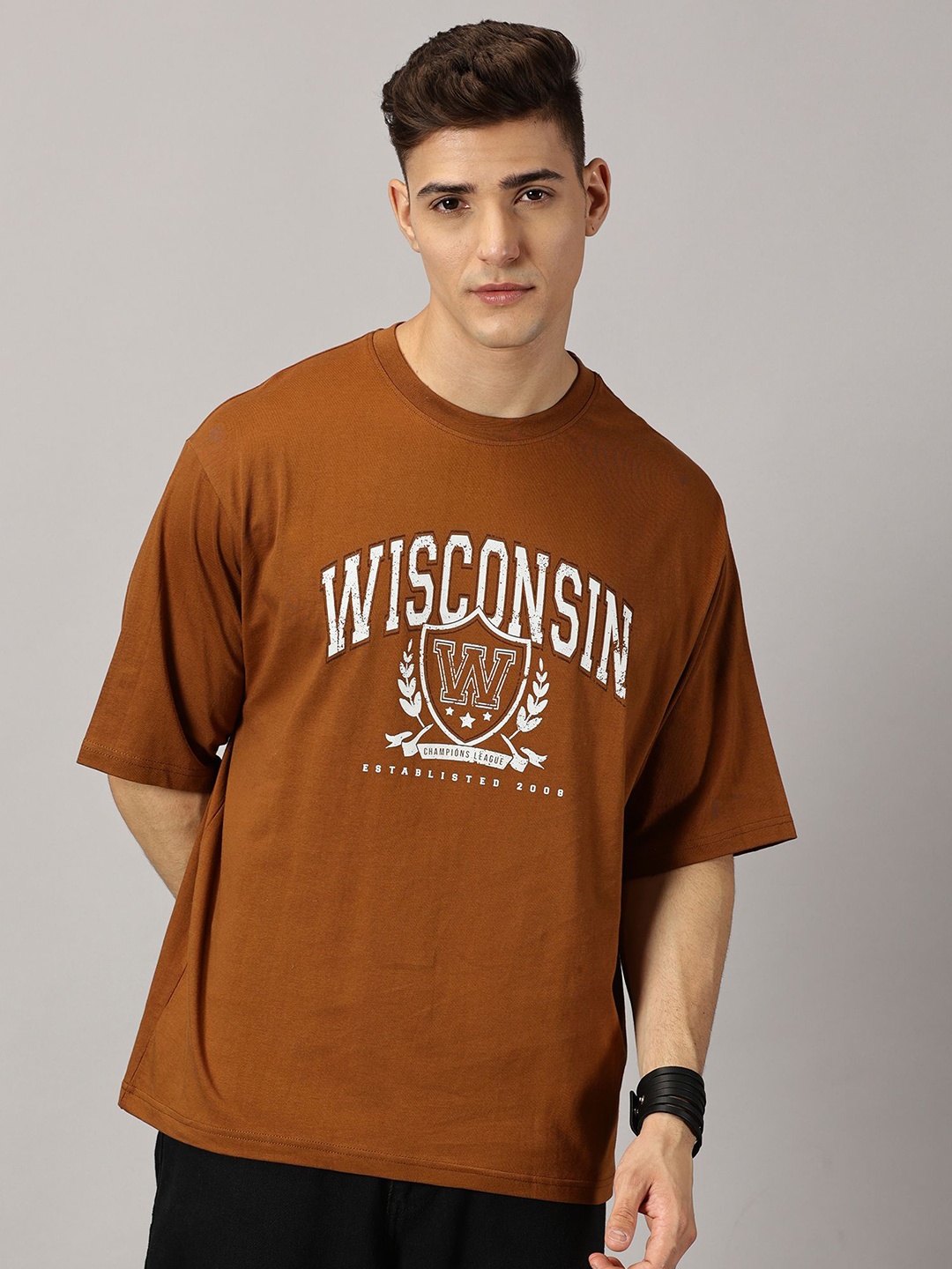 

THE HOLLANDER Typography Printed Drop-Shoulder Sleeves Pure Cotton Oversized T-shirt, Brown