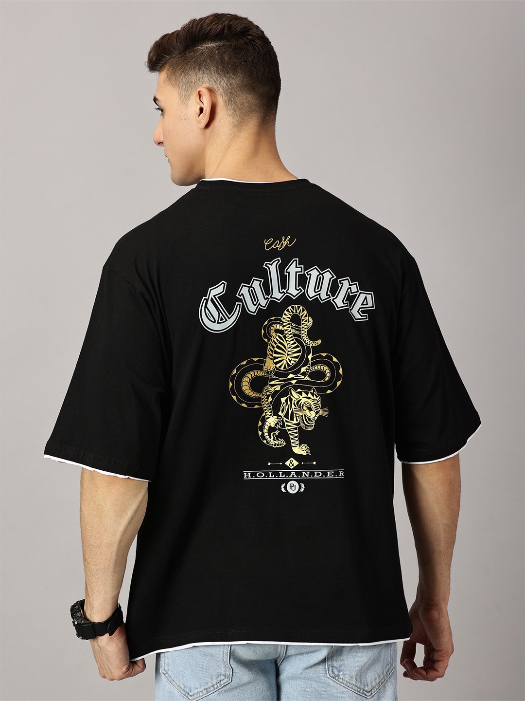 

THE HOLLANDER Typography Printed Drop-Shoulder Sleeves Pure Cotton Oversized T-shirt, Black