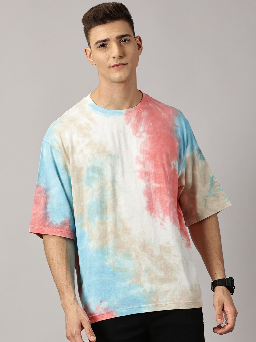 

THE HOLLANDER Tie and Dye Printed Drop-Shoulder Sleeves Pure Cotton Oversized T-shirt, White