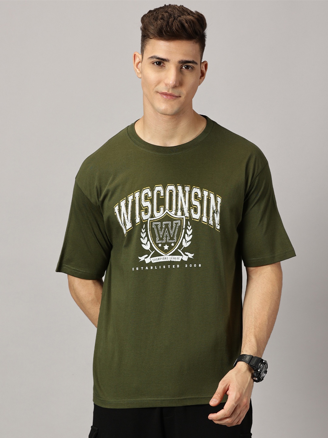 

THE HOLLANDER Typography Printed Drop-Shoulder Sleeves Pure Cotton Oversized T-shirt, Green