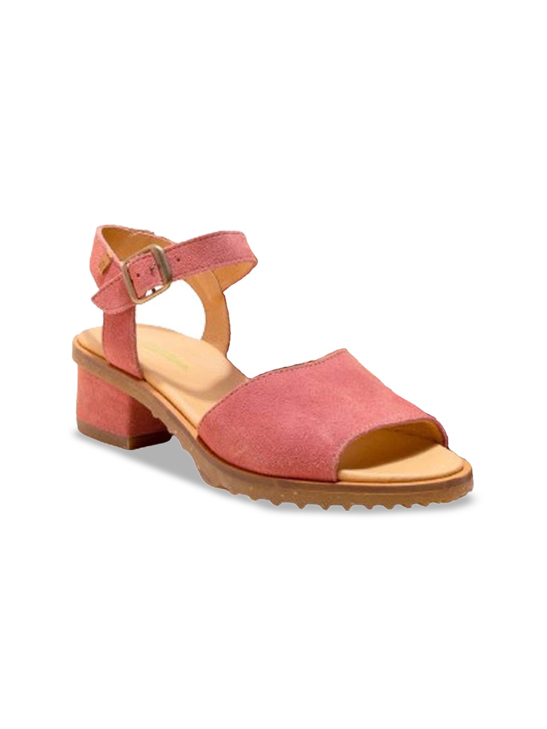 

El Naturalista Women Leather Block Heels Sandals With Buckles, Coral