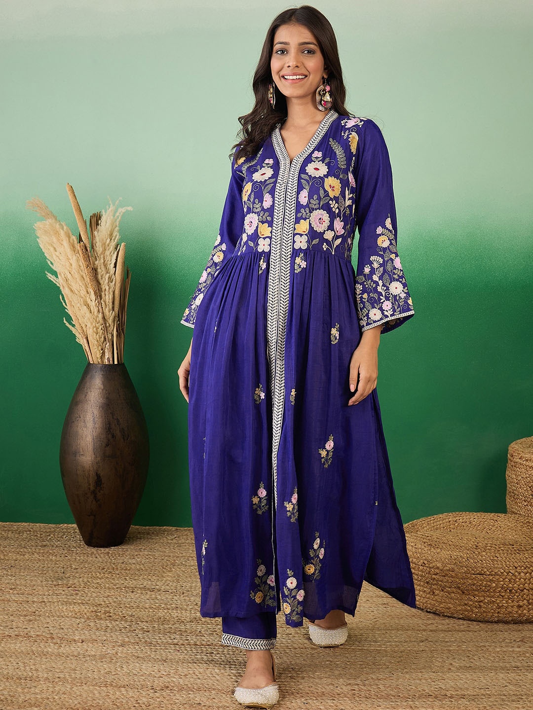 

Sangria Embroidered A-Line Kurta With Trouser Set, Blue