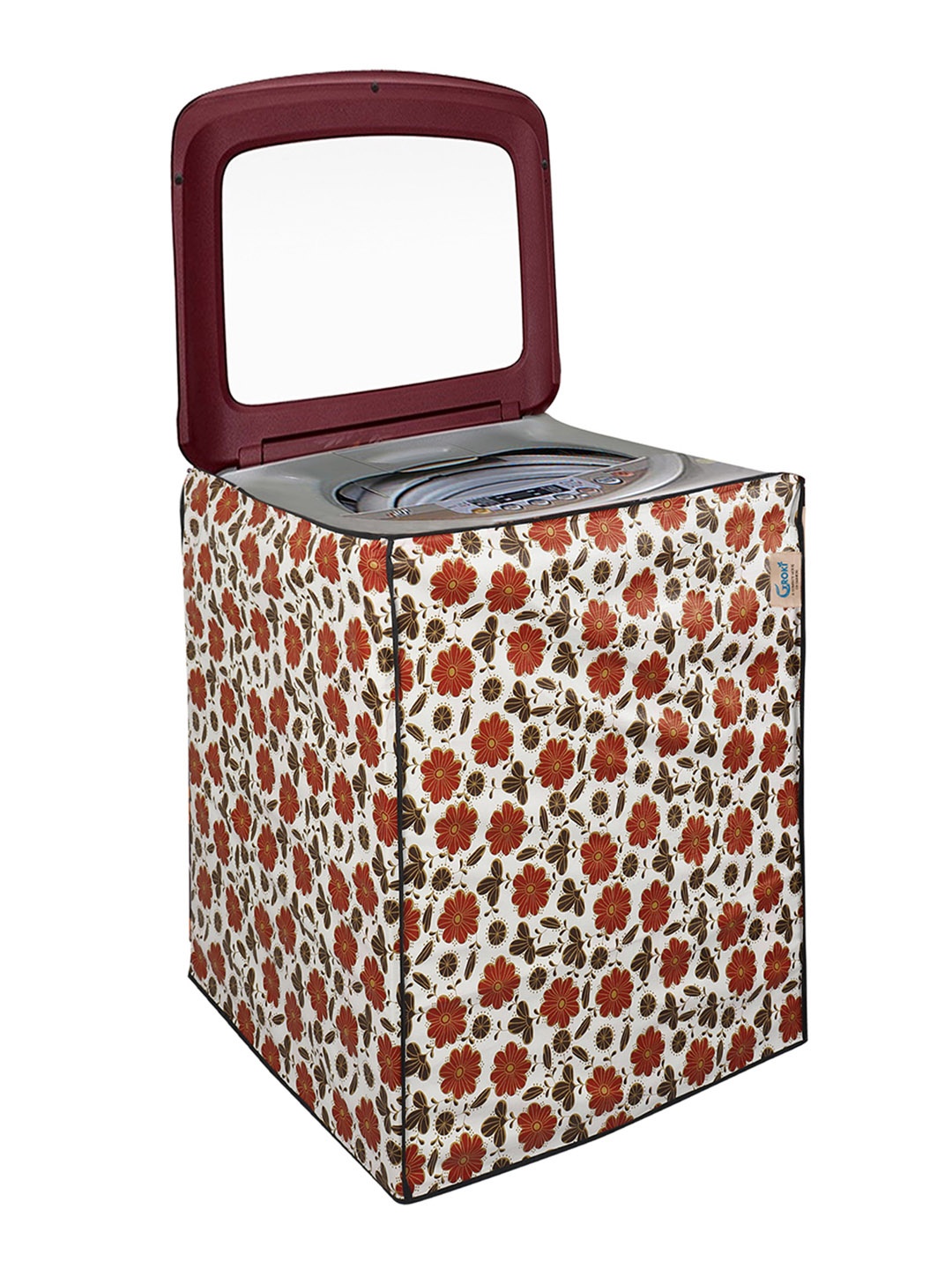 

GROKI White & Maroon Printed Waterproof Washing Machine Cover