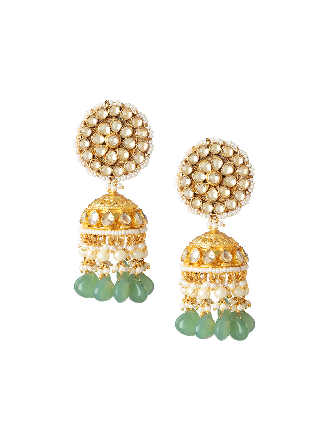 

Vivinia by Vidhi Gold-Plated Kundan Studded & Beaded Dome Shaped Jhumkas