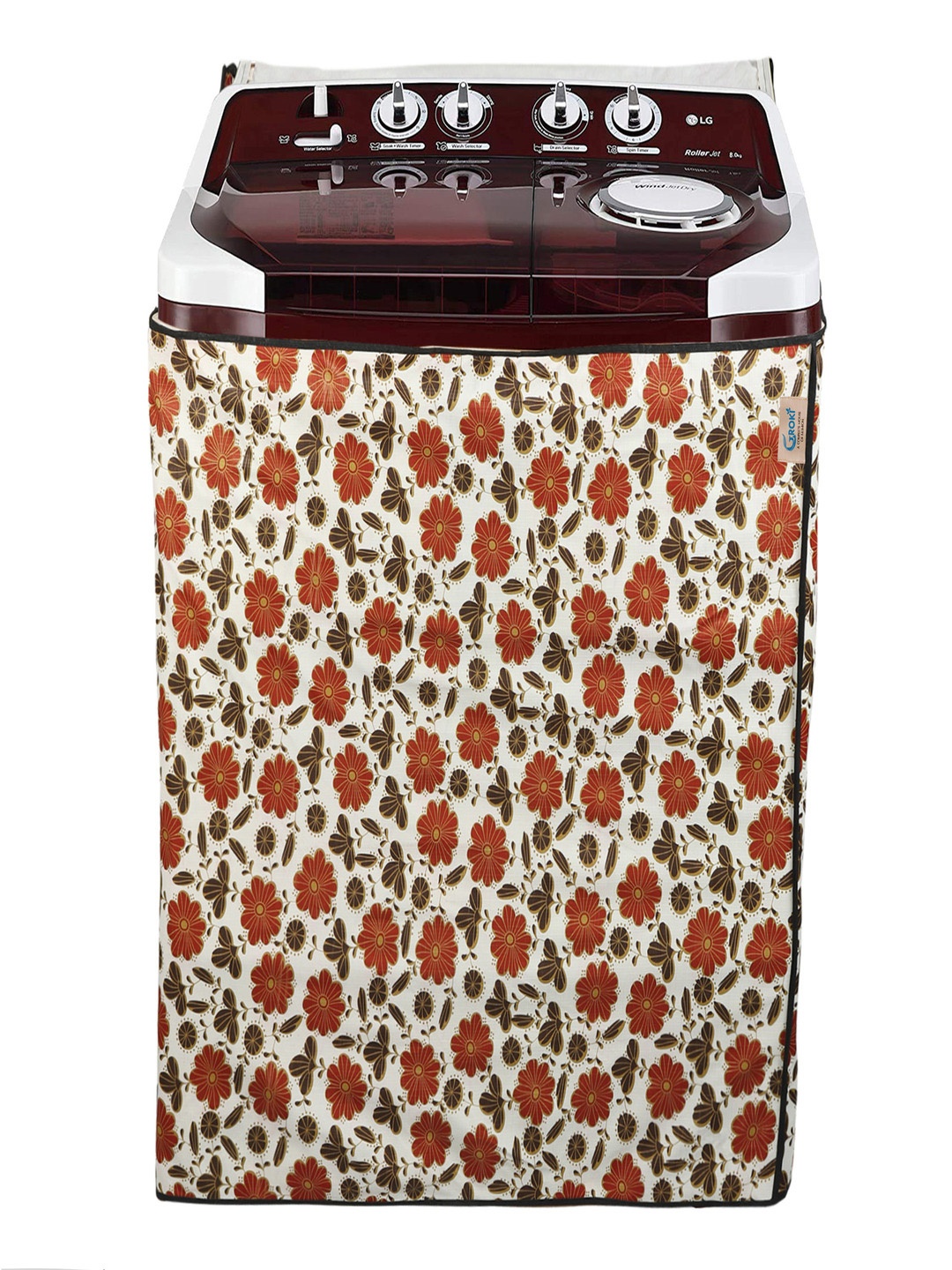 

GROKI White & Brown Printed Waterproof Washing Machine Cover