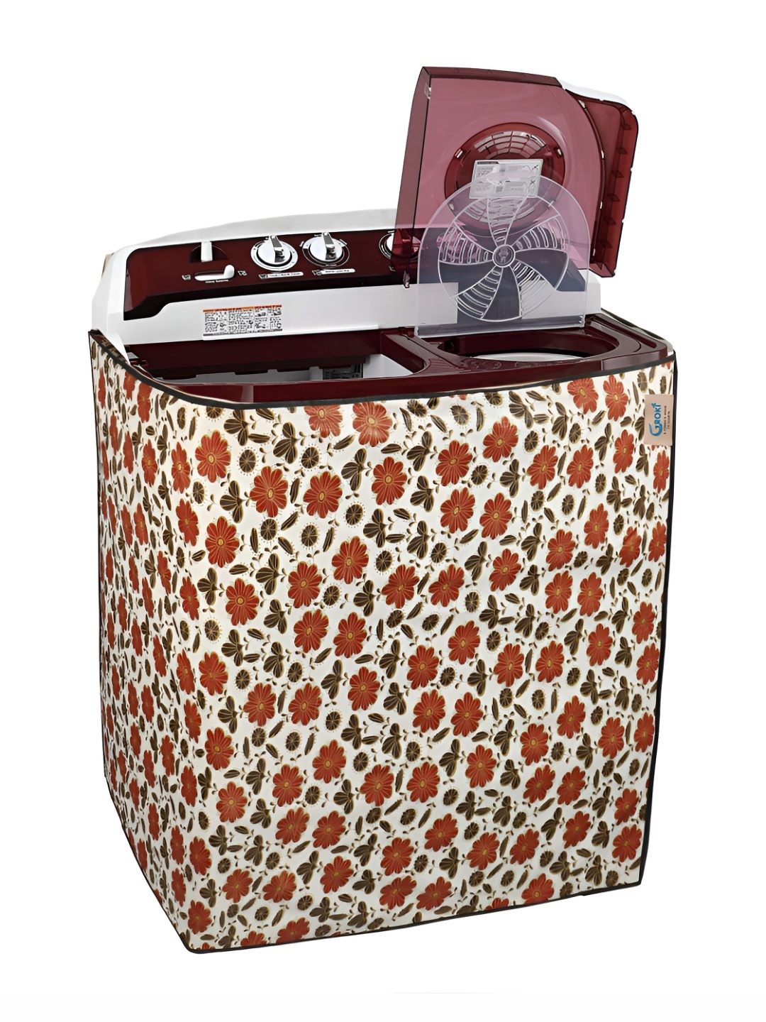 

GROKI White & Maroon Printed Waterproof Washing Machine Cover