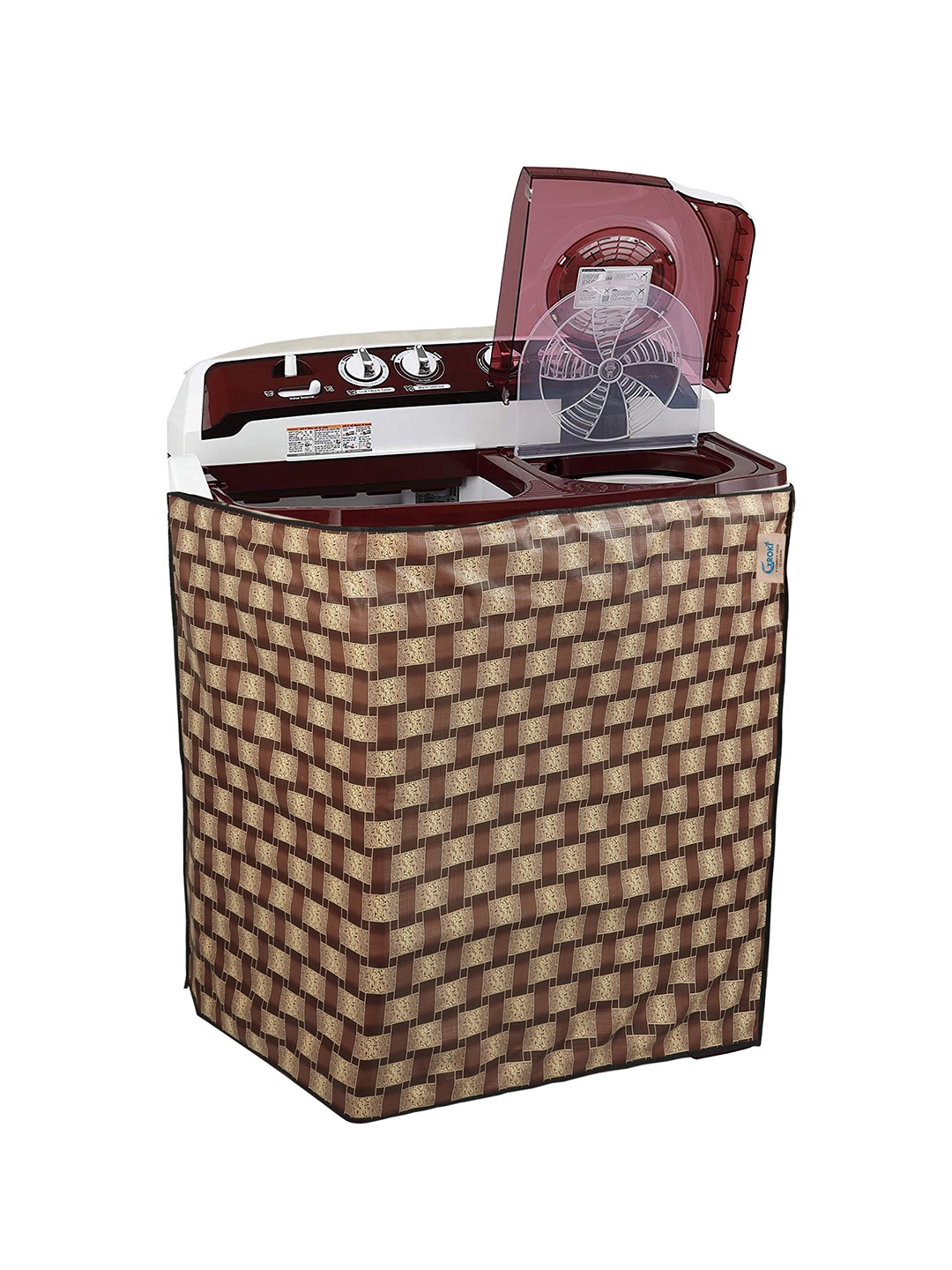 

GROKI White & Maroon Printed Waterproof Washing Machine Cover