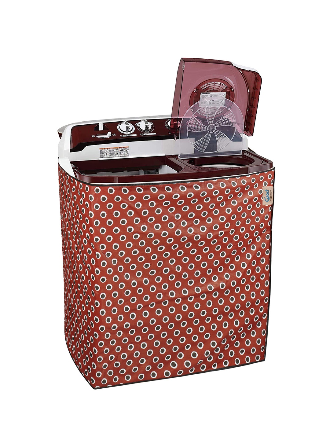 

GROKI White & Maroon Printed Waterproof Washing Machine Cover