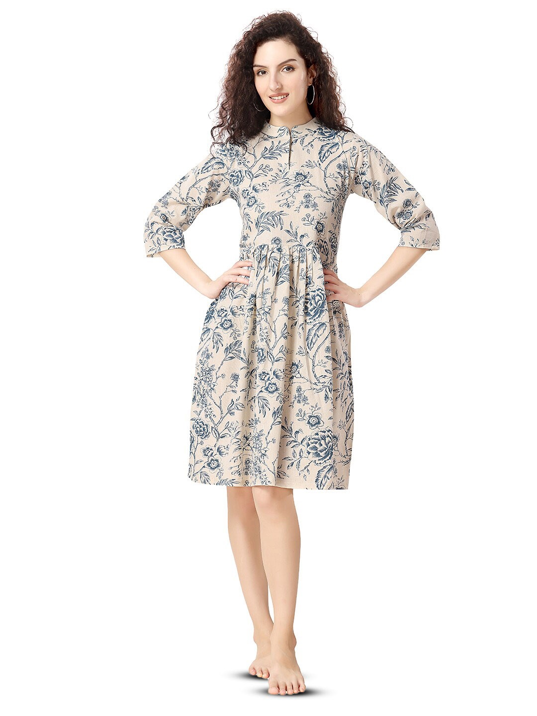 

NIGHT FLOSS Women Floral Printed Pure Cotton Nightdress, Cream