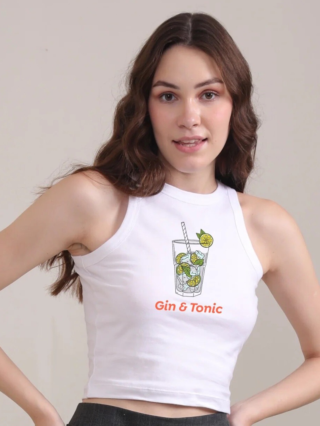 

BOTNIA Graphic Printed Gin & Tonic- Racerback Tank Cotton Top, White