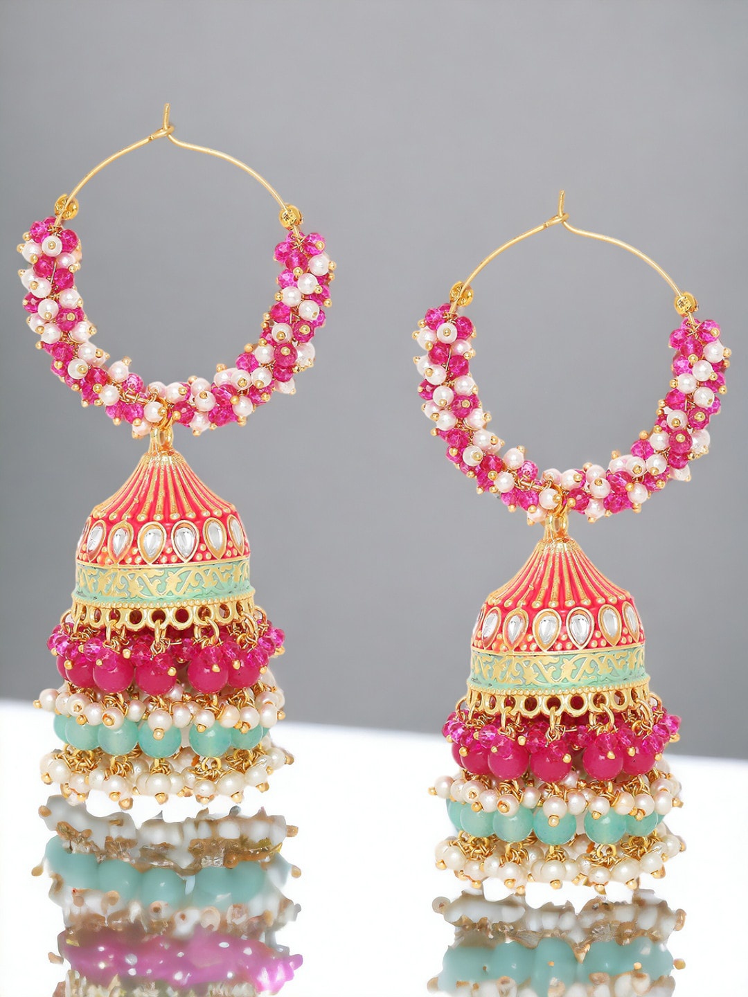 

OOMPH Kundan Studded & Beaded Dome Shaped Jhumkas, Gold