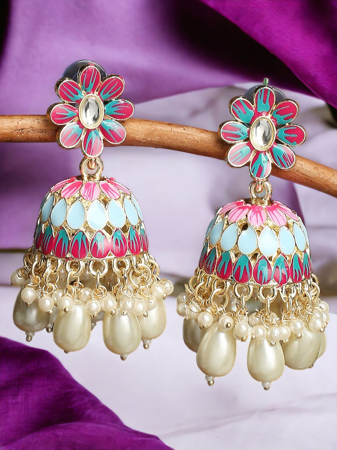 

OOMPH Women Floral Jhumkas Earrings, Pink