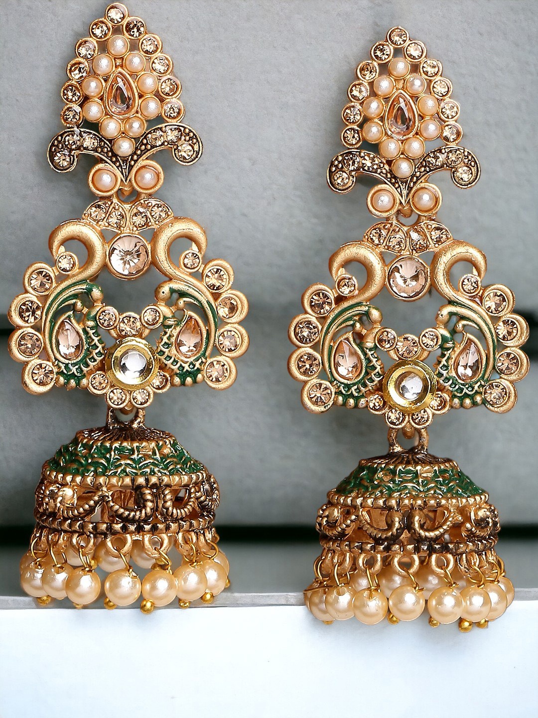 

OOMPH Women Peacock Shaped Jhumkas Earrings, Green