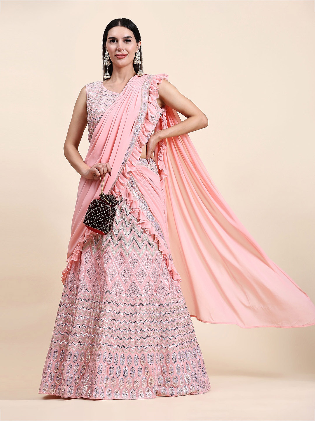 

AMOHA TRENDZ Embroidered Sequinned Ready to Wear Lehenga & Blouse With Dupatta, Pink