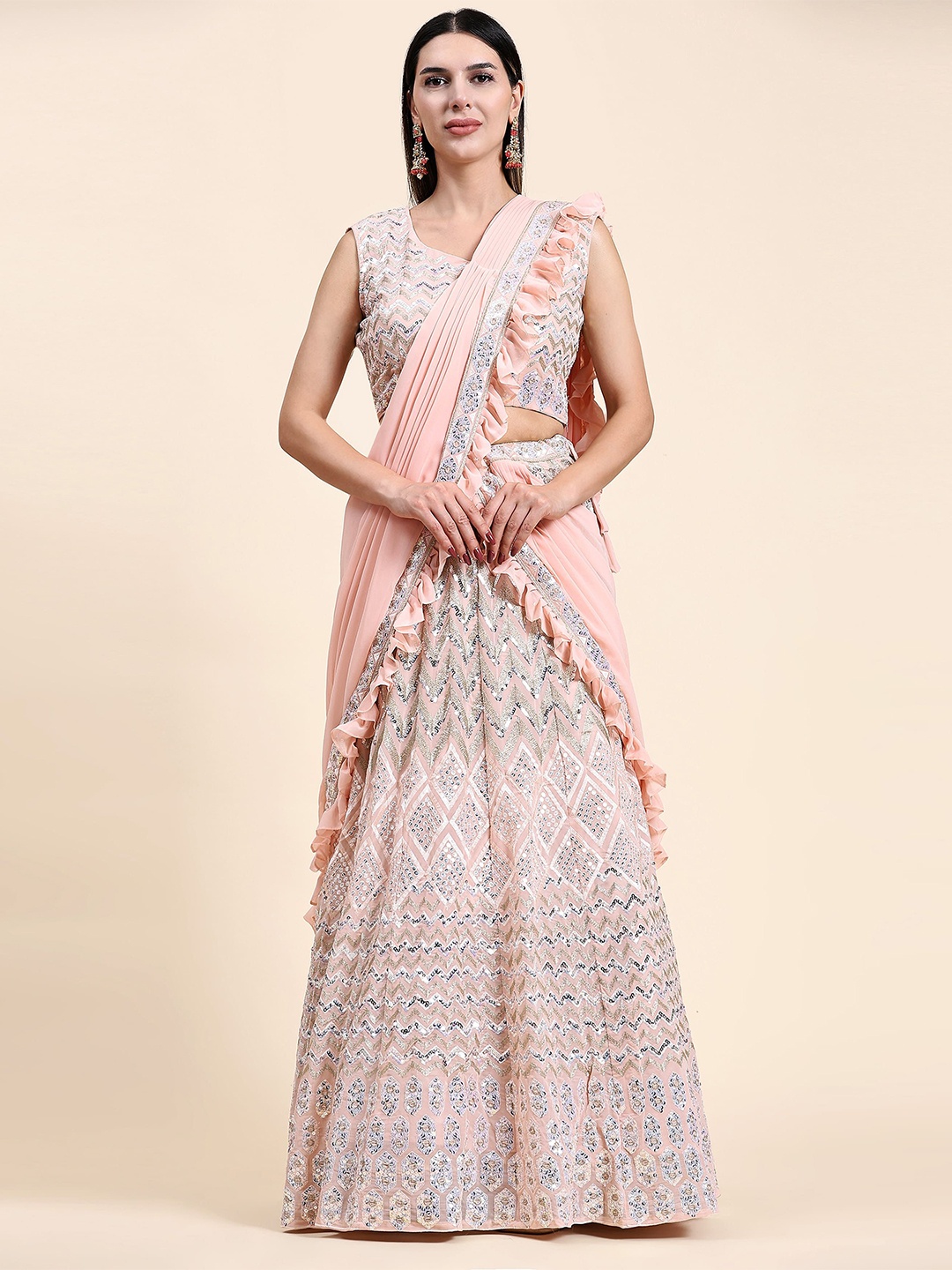

AMOHA TRENDZ Embellished Sequinned Ready to Wear Lehenga & Blouse With Dupatta, Peach