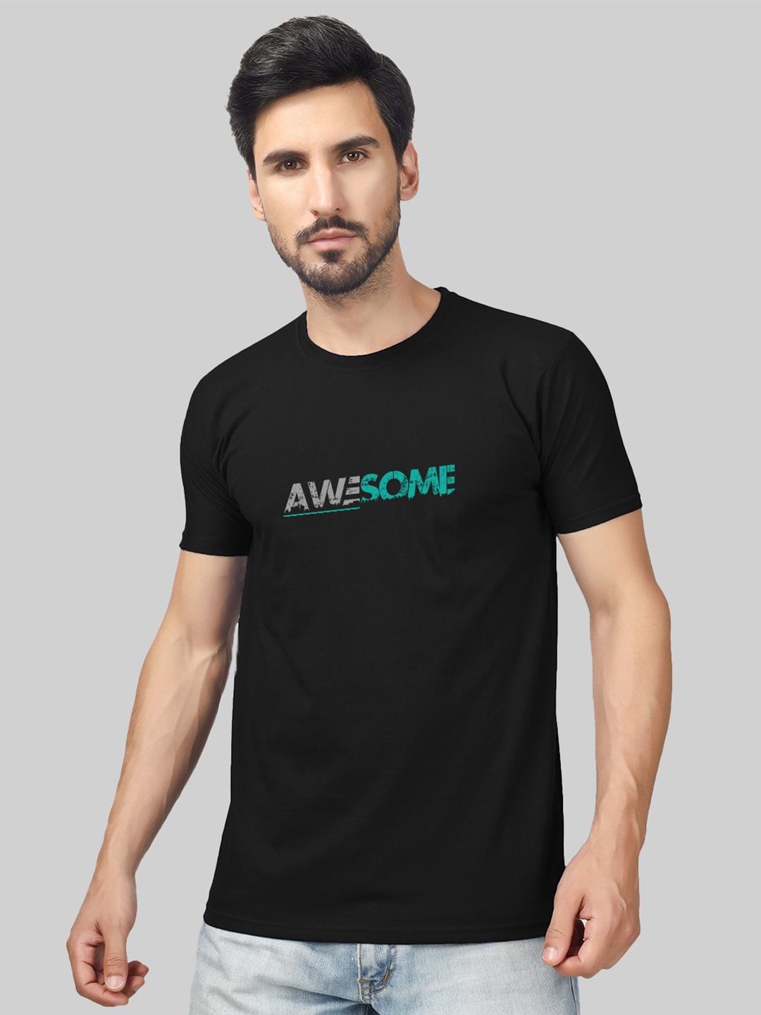 Greylongg Typography Printed Round Neck Short Sleeves T-shirt, Black