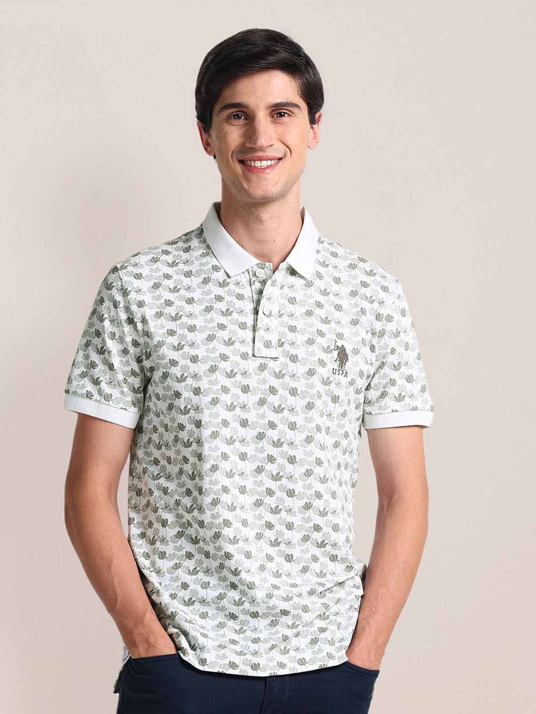 

U.S. Polo Assn. Floral Printed Polo Collar Short Sleeves Slim Fit T-shirt, Grey