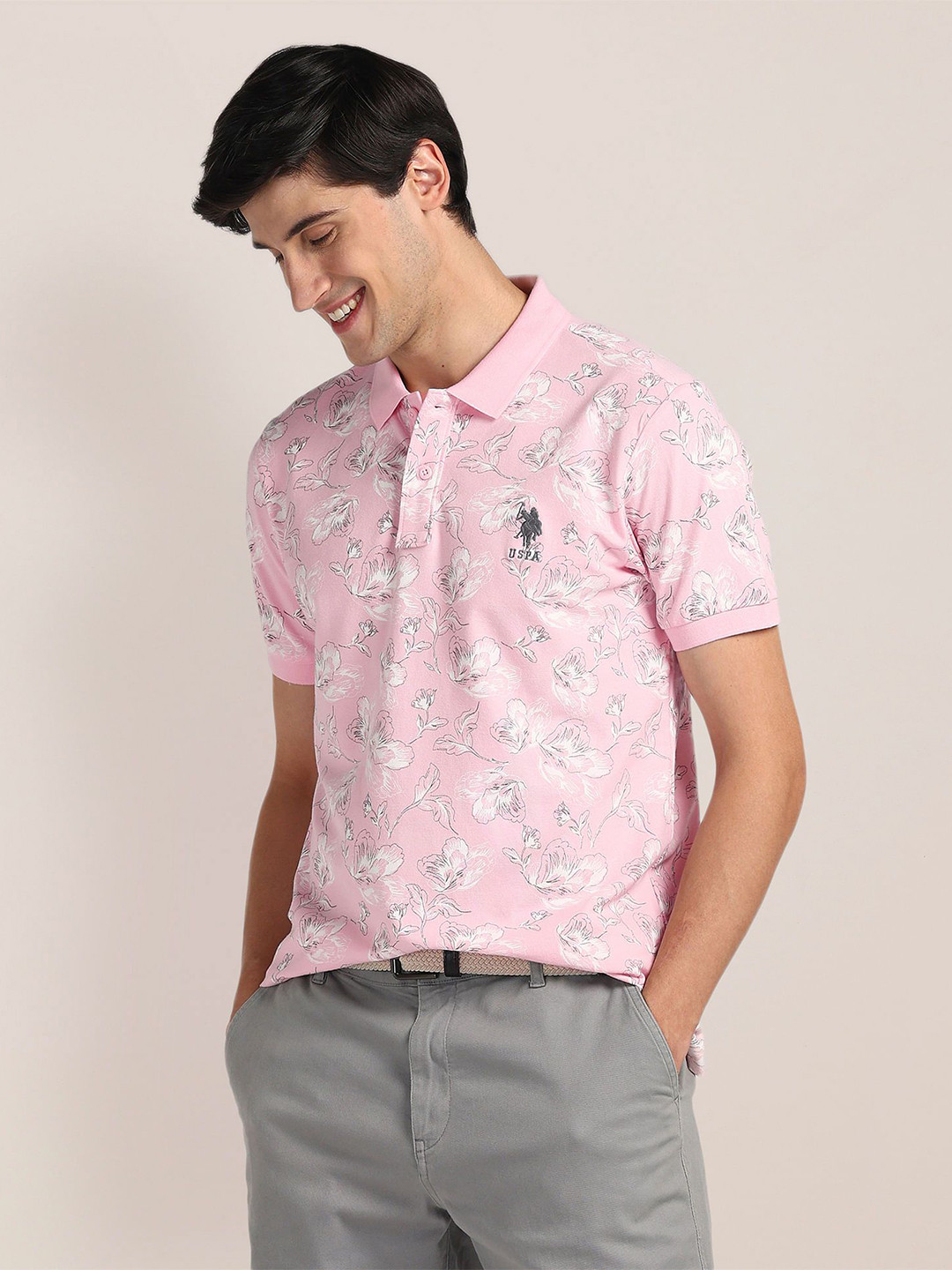 

U.S. Polo Assn. Printed Polo Collar Pockets Slim Fit T-shirt, Pink