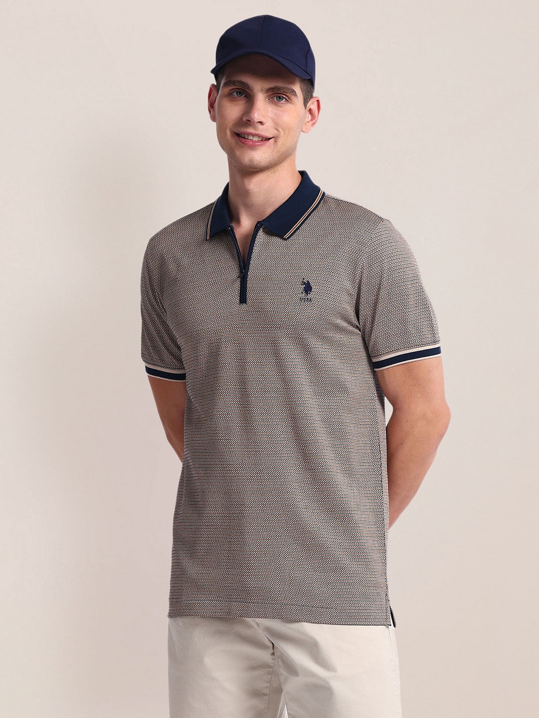 

U.S. Polo Assn. Geometric Self Design Polo Collar Short Sleeves Cotton Slim Fit T-shirt, Brown