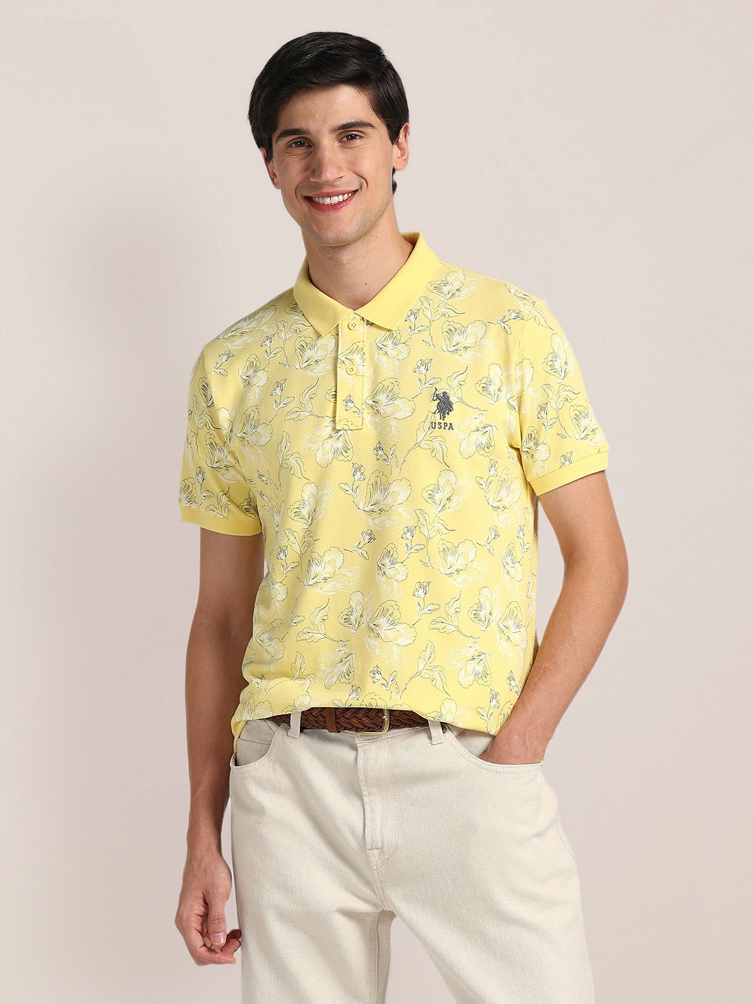 

U.S. Polo Assn. Floral Printed Polo Collar Short Sleeves Slim Fit T-shirt, Yellow