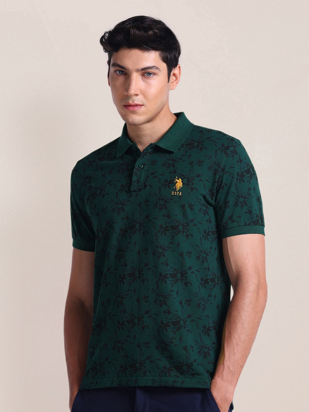 

U.S. Polo Assn. Floral Printed Polo Collar Short Sleeves Slim Fit T-shirt, Green