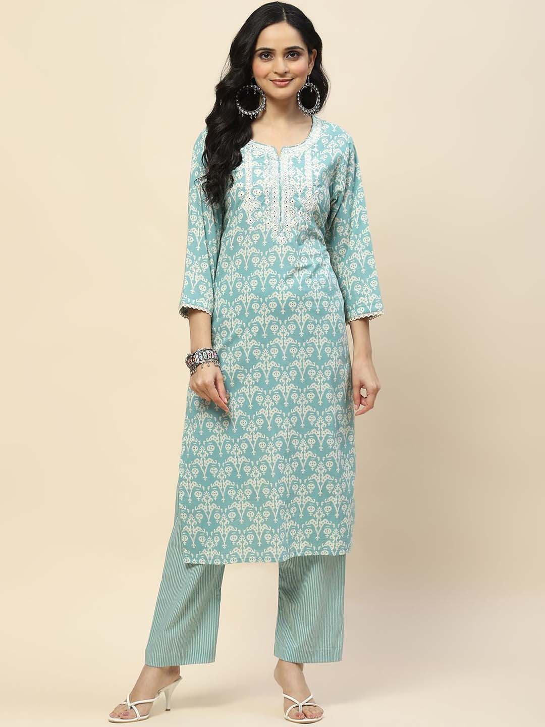 

Meena Bazaar Floral Printed Round Neck Straight Kurta with Trouser, Blue
