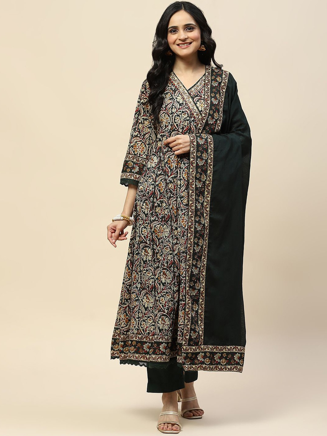 

Meena Bazaar Floral Printed V-Neck Anarkali Angrakha Kurta With Trousers & Dupatta, Green
