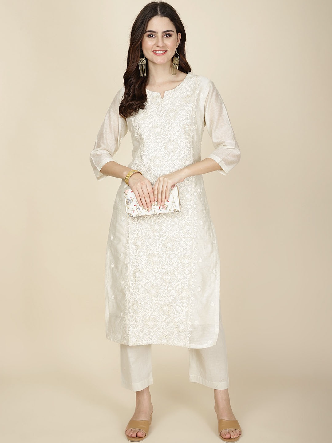 

Meena Bazaar Ethnic Motifs Embroidered Regular Thread Work Kurta with Trouser, Cream
