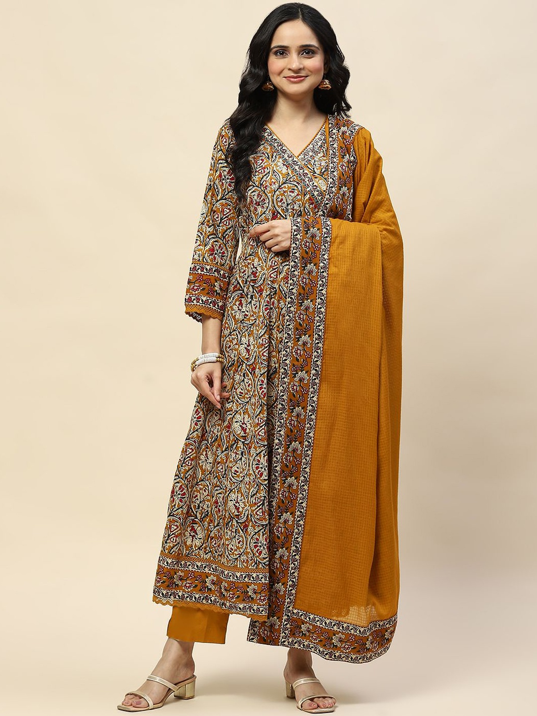 

Meena Bazaar Ethnic Motifs Printed Regular Anarkali Kurta with Trouser & Dupatta, Mustard