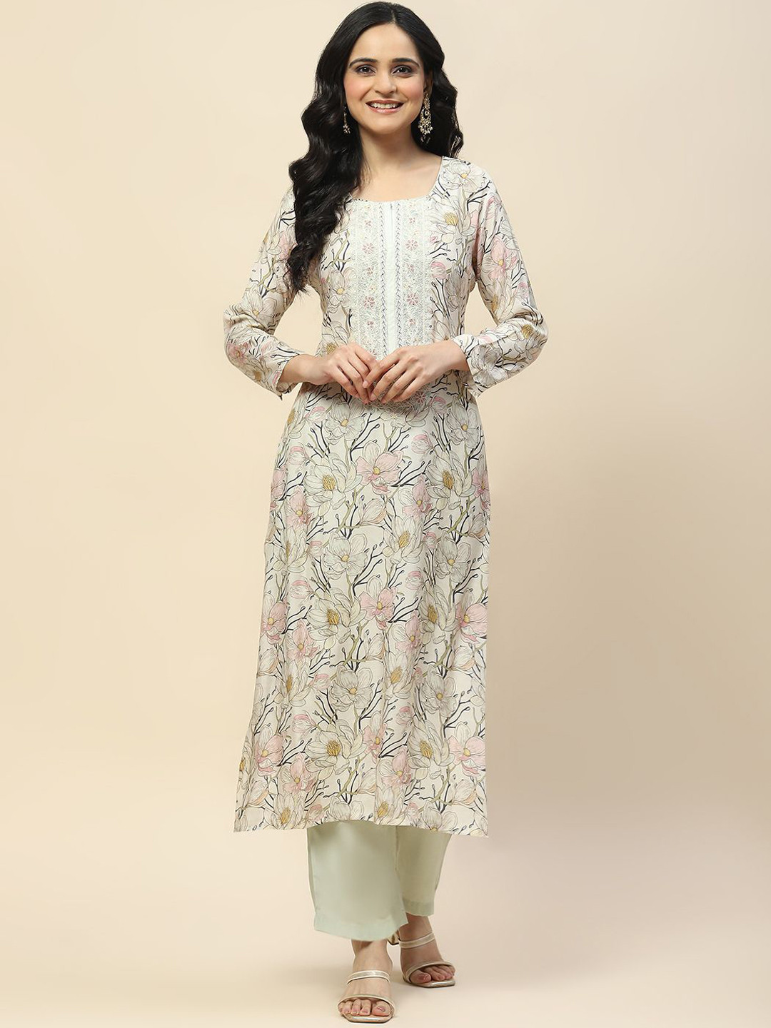 

Meena Bazaar Round Neck Floral Printed Thread Work Kurta with Trousers, Cream