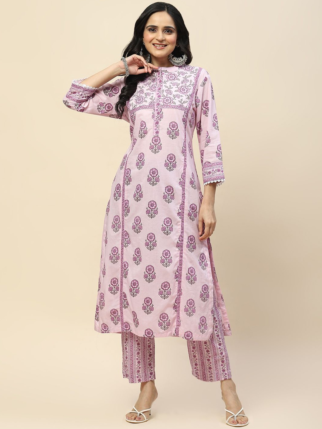 

Meena Bazaar Floral Printed Mandarin Collar Straight Kurta With Trousers, Purple