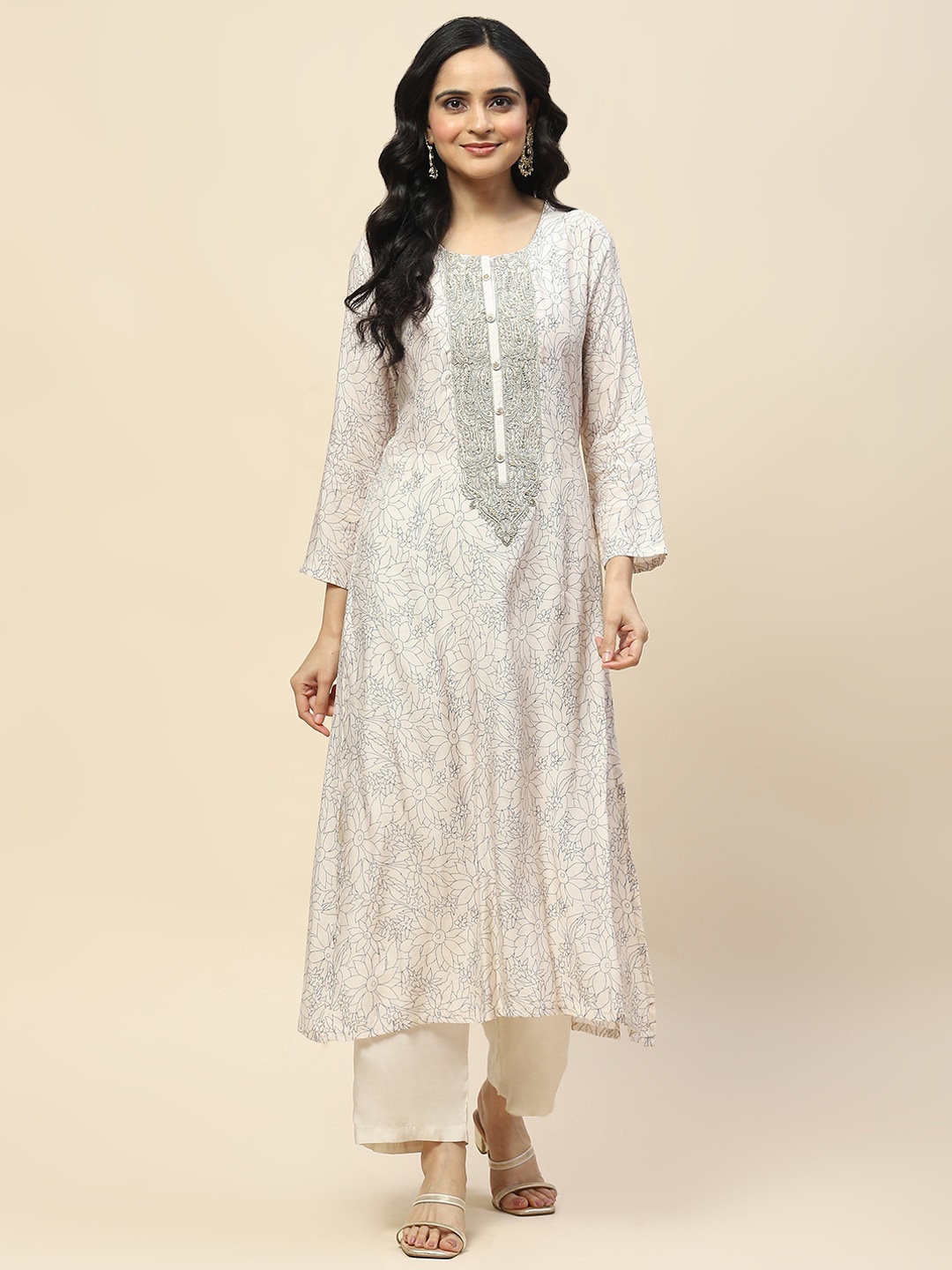 

Meena Bazaar Floral Printed Round Neck A-Line Kurta With Trousers, Cream