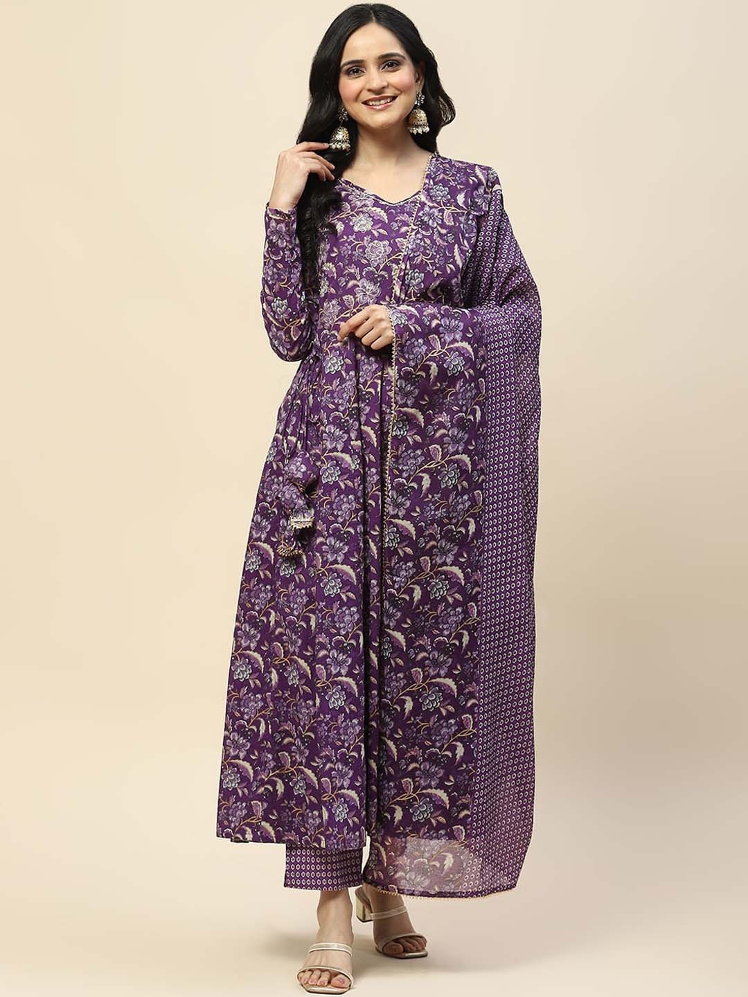 

Meena Bazaar Floral Printed V-Neck Anarkali Kurta With Trousers & Dupatta, Purple