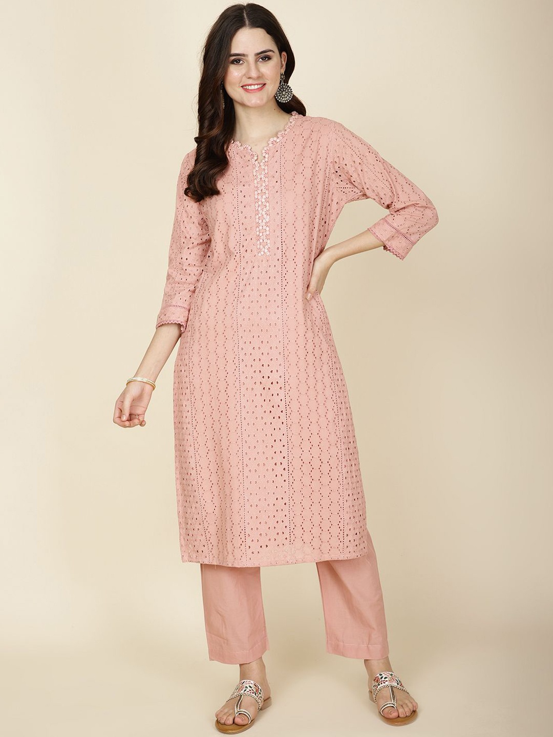 

Meena Bazaar Notch Neck Embroidered Regular Kurta with Trousers, Pink