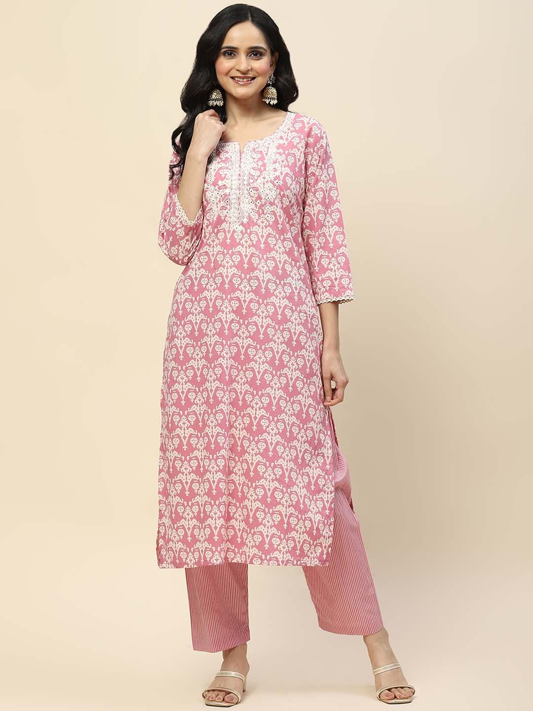 

Meena Bazaar Notch Neck Printed Regular Straight Kurta with Trousers, Pink