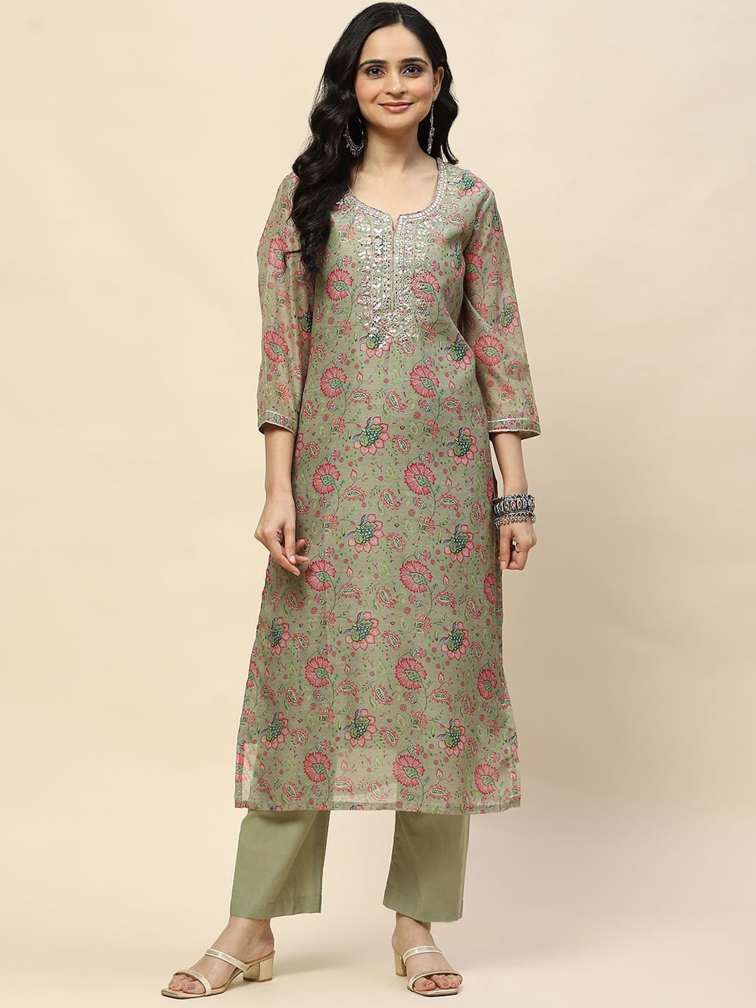 

Meena Bazaar Floral Printed Notch Neck Sequinned Straight Kurta With Trousers, Green