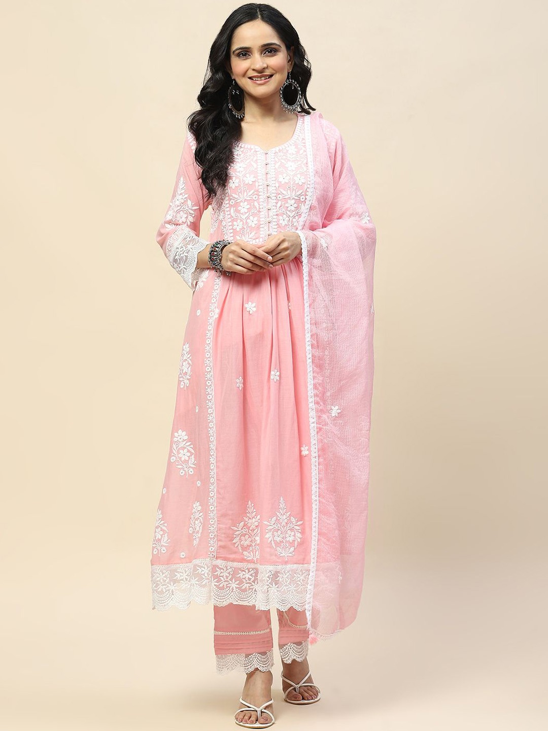 

Meena Bazaar Ethnic Motifs Embroidered Empire Thread Work Kurta with Trouser & Dupatta, Pink