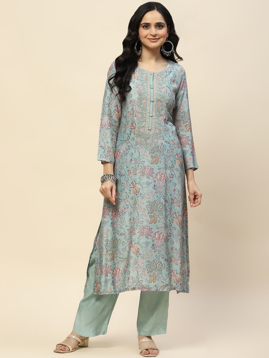 

Meena Bazaar Round Neck Floral Printed Regular Straight Kurta with Trousers, Sea green