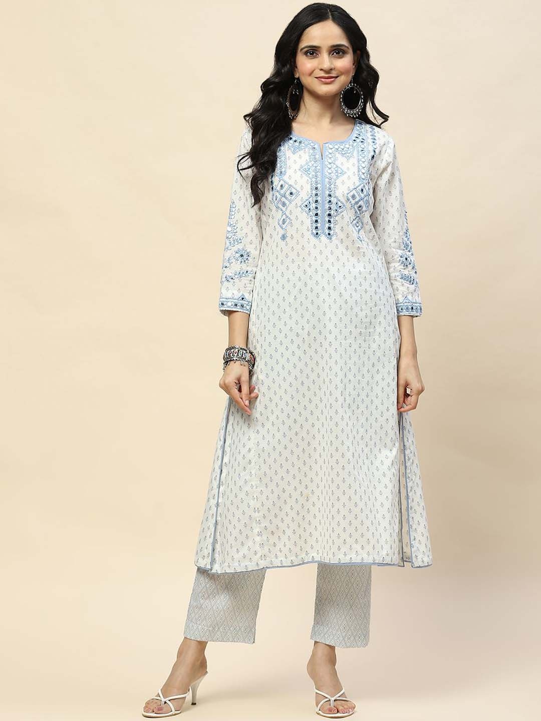 

Meena Bazaar Ethnic Motifs Printed Mirror Work Straight Kurta With Trousers, White