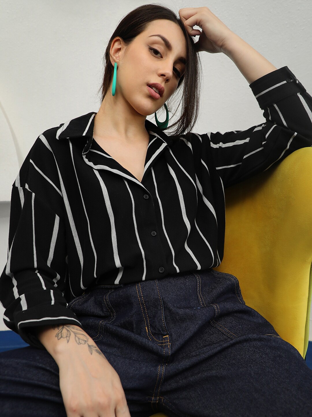 

PINACOLADA Spread Collar Striped Cotton Casual Oversized Shirt, Black